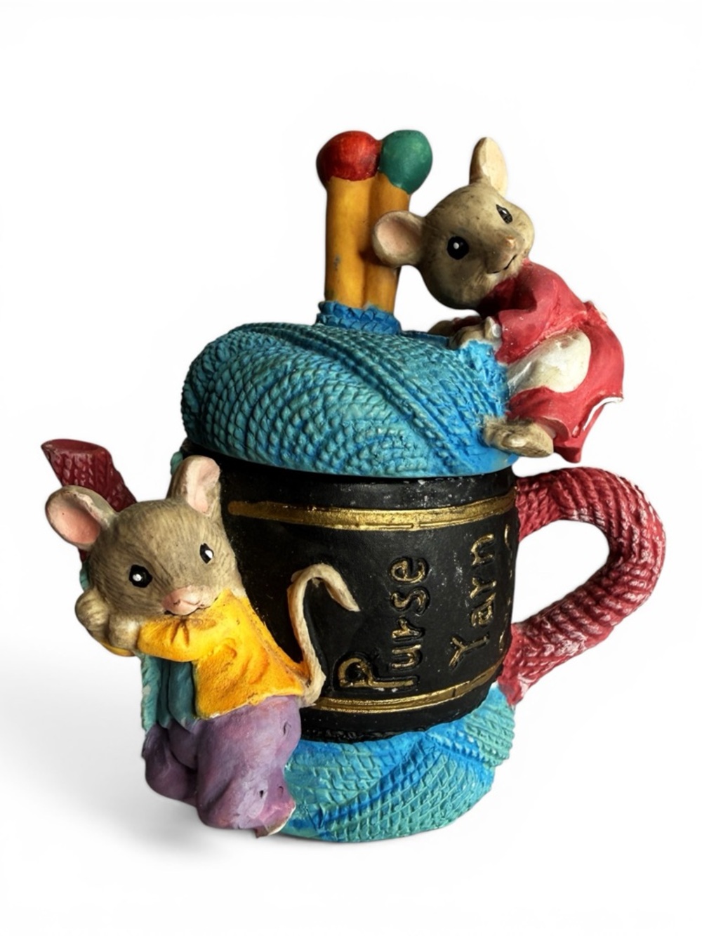Vintage Hand-painted Knitting Trinket Box – Mice & Yarn Figurine - Picture 3 of 12